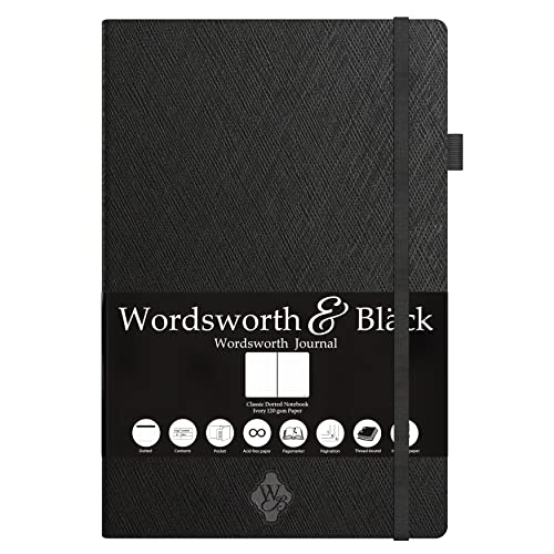 Dünnes klassisches Premium Bullet Grid Journal mit Stiftschlaufe | A5 5,8 x 8,3 Dotted Hardcover Notebook | Nummerierte Seiten | Dotted Journal | Leder Innentasche | 120 GSM Elfenbein Papier, Schwarz von Wordsworth & Black