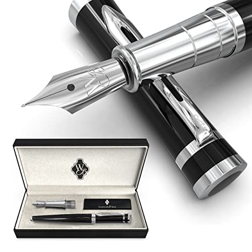 Wordsworth & Black Fountain Pen Set, 18K Gilded Medium and Extra Fine Nibs, 6 Ink Cartridges and Refill Converter, Gift Case, Smooth Writing Pens [Black Chrome] von Wordsworth & Black
