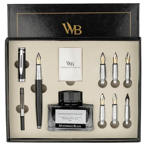 Wordsworth & Black Kalligraphie-Stift, Geschenkset, inklusive Tintenflasche, 6 Tintenpatronen, 1 Tinten-Nachfüllkonverter, 6 Ersatzspitzen, Premium-Paket, Journaling, [Schwarz Chrom] von Wordsworth & Black