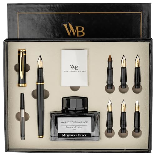 Wordsworth & Black Kalligraphie-Stift-Geschenkset, enthält Tintenflasche, 6 Tintenpatronen, Tintennachfüllkonverter, 6 Ersatzfedern, Premium-Paket, Journaling, glatte Schreibstifte [Schwarz Gold] von Wordsworth & Black