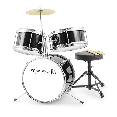 World Rhythm Kids Drumkit - 3teiliges Junior Drumset, Kinder Drumkit mit Hocker und Drumsticks - Schwarz von World Rhythm