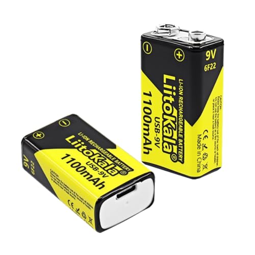 LiitoKala 9V Akku Wiederaufladbare, 1100mAh 9V USB Wiederaufladbare Lithium Batterien mit Hoher Kapazität und LED-Anzeige für Rauchmelder, Multimeter, Mikrofon, Elektronisches Spielzeug usw - 2 Stück von WoskjXas