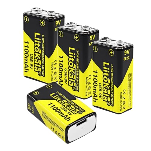 LiitoKala 9V Akku Wiederaufladbare, 1100mAh 9V USB Wiederaufladbare Lithium Batterien mit Hoher Kapazität und LED-Anzeige für Rauchmelder, Multimeter, Mikrofon, Elektronisches Spielzeug usw - 4 Stück LiitoKala 9V Akku Wiederaufladbare, 1100mAh 9V USB Wiederaufladbare Lithium Batterien mit Hoher Kapazität und LED-Anzeige für Rauchmelder, Multimeter, Mikrofon, Elektronisches Spielzeug usw - 4 Stück von WoskjXas