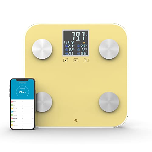 WottoCare - Professionelle Körperfettwaage | Körperanalysewaage mit App | 18 Messungen: Gewicht, Körperfett, Muskeln | BMI Digitalanzeige | Multi-User Fähig | Fortschrittskontrolle | Gelb von WottoCare