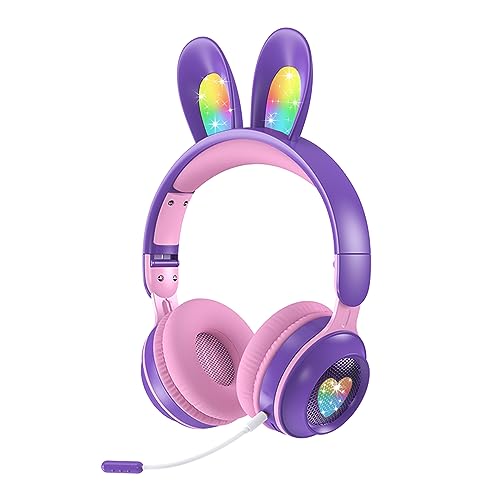 Woukksy 2023 Bluetooth Kopfhörer Kinder, Faltbarer Kabellos Kinderkopfhörer mit Abnehmbarem Mikrofon, Hasenohr LED Leuchten, Kinder Kopfhörer 85dB Lautstärkebegrenzung für Schule/Reisen (Pink Lila) von Woukksy
