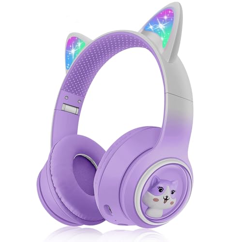 Woukksy Bluetooth Kopfhörer Kinder, Faltbar 85dB Mädchen Kopfhörer Over Ear, Kabellos Kinderkopfhörer mit LED-licht Katzenohren und Mikrofon für Schule/Tablet/Handy/PC (Lila) von Woukksy