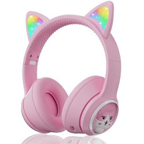 Woukksy Bluetooth Kopfhörer Kinder, Faltbar 85dB Mädchen Kopfhörer Over Ear, Kabellos Kinderkopfhörer mit LED-licht Katzenohren und Mikrofon für Schule/Tablet/Handy/PC (Rosa) von Woukksy
