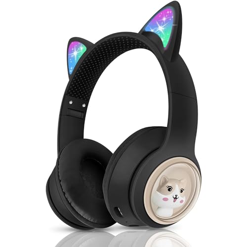 Woukksy Bluetooth Kopfhörer Kinder, Faltbar 85dB Mädchen Kopfhörer Over Ear, Kabellos Kinderkopfhörer mit LED-licht Katzenohren und Mikrofon für Schule/Tablet/Handy/PC (Schwarz) von Woukksy