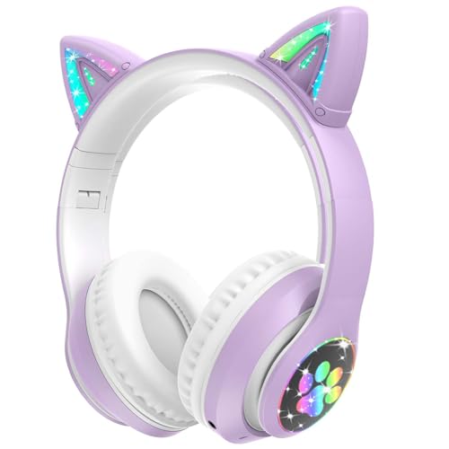 Woukksy Bluetooth Kopfhörer Kinder, LED Katzenohr Kabellose Kinderkopfhörer Over-Ear mit 85dB Lautstärkebegrenzung, Faltbare Mädchen Kopfhörer für Schule/Tablet/Handy/PC von Woukksy