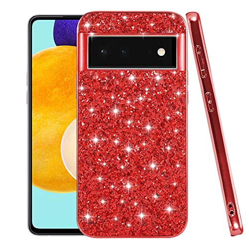 Kompatibel mit Google Pixel 6 Pro Hülle Glitzer Stoßfest für Google Pixel 6 Pro Handyhülle Bling Sparkly TPU und PC Silikon Glänzend Mädchen Frauen Dünn Schutzhülle (Rot) von Wousunly