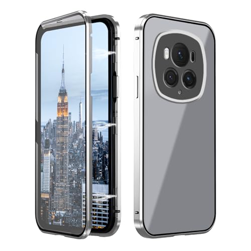 Kompatibel mit Honor Magic 6 Pro Hülle, doppelseitiges Glas, Spiegelschutz, schwarz, für Honor Magic 6 Pro Handyhülle, magnetische Adsorption, stoßfest, schützend, luxuriös, schlanke Abdeckung (Silber von Wousunly