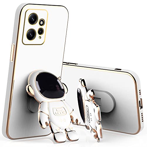 Kompatibel mit Redmi Note 12 4G Hülle mit Beschichtung, kreative Astronauten-Cartoon-Halterung, Rosa, für Redmi Note 12 4G, Silikon, stoßfest, Ständer, weiches TPU, schlanke Schutzhülle, Weiß von Wousunly