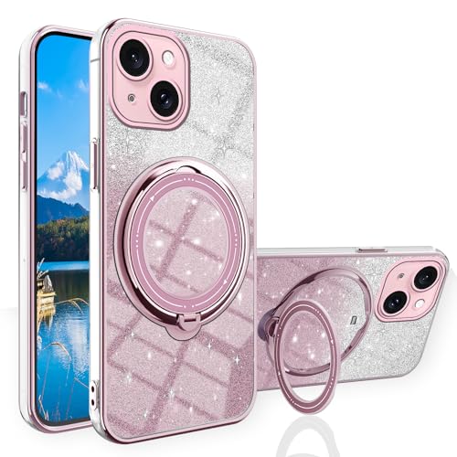 Wousunly iPhone 15 Plus Hülle Glitzer Silikon Cover |Handyhülle iPhone 15 Plus mit Magnetische Ring Case Stoßfest Case|Schutzhülle für iPhone 15 Plus Anti Rutsch (Rosa) von Wousunly