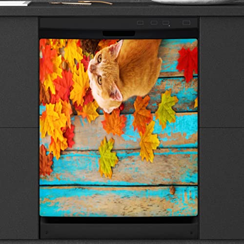 Orange Kitten Geschirrspüler Magnetische Abdeckung Küche Dekor Katze Herbst Ahornblätter Holz Front Geschirrspüler Kühlschrank Magnetische Abdeckung Aufkleber Gerät Dekorative Abdeckung 23 x 26 Zoll von WowPrint
