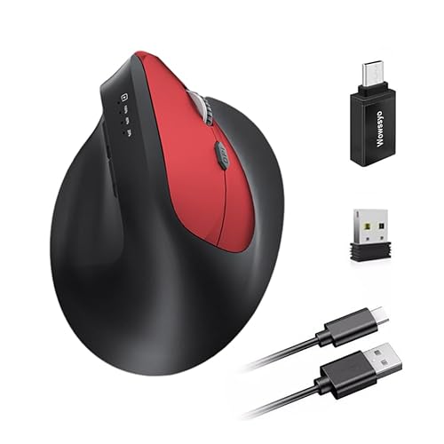Funkmaus Ergonomisch 3 Modi [Bluetooth 5.2, 2.4 G, Kabelgebundene] Wireless Vertikale, Wiederaufladbare Maus Kabellos 1200/1600/2400/3200/6400/9600 DPI, Wiederaufladbarer Akku, 6 Tasten,PC/Mac-Rot von Wowssyo