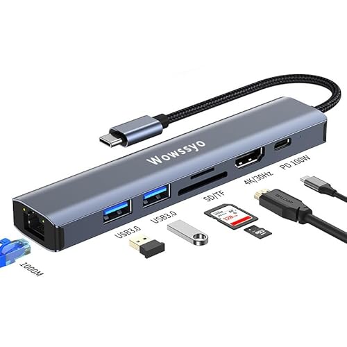 Hub USB C Ethernet 1000M, Wowssyo 7 in 1 USB C Docking Station, USB C HDMI 4K Adapter, PD 100 W, 2 USB 3.0,SD/TF, MacBook Air/Pro Adapter, iPad Adapter, HP, Switch,Laptop und andere Typ C Geräte von Wowssyo