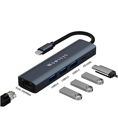 Hub USB C Wowssyo 5-in-1 Dock USB C Adapter, Gigabit Ethernet LAN RJ45, 100W Power Delivery, 3 USB-A 5Gbps Datenanschlüsse, für MacBook M1, iPad Pro, Surface Pro und mehr von Wowssyo