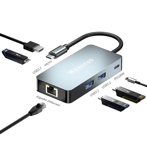 USB C Hub, Docking Station, USB-C adapter, 6-in-1multiport mehrfachstecker verteiler 4K 60Hz HDTV, 3 USB 3.2 10 Gbps, für MacBook Pro Air M1/M2, 100W PD, Ethernet Lan, für iPad & weitere Type-C Geräte USB C Hub, Docking Station, USB-C adapter, 6-in-1multiport mehrfachstecker verteiler 4K 60Hz HDTV, 3 USB 3.2 10 Gbps, für MacBook Pro Air M1/M2, 100W PD, Ethernet Lan, für iPad & weitere Type-C Geräte von Wowssyo