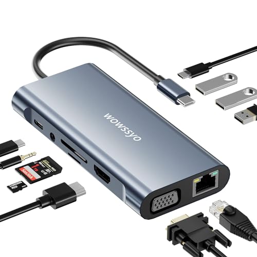 Wowssyo 11-in-1 Docking Station USB C Hub, USB C Adapter HDMI 4K, VGA, 3xUSB 3.0, USB C, SD/TF Kartenleser, Gigabit Ethernet, PD 100W, 3.5mm Audio für MacBook Pro/Air und Laptop Windows XPS von Wowssyo