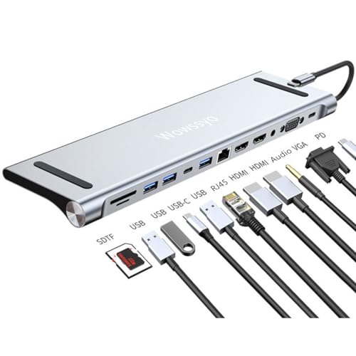 Wowssyo 12-in-1 Docking Station USB C Hub, USB C Adapter für 3 Displays 2 HDMI 4K, VGA, USB 3.0/2.0, USB C，SD/TF Kartenleser, Ethernet, PD 100W, 3.5 mm Audio MacBook Pro/Air und für Windows von Wowssyo