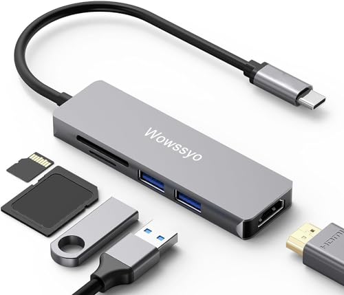 Wowssyo Hub USB C 5 in 1, Aluminium USB C Adapter für MacBook Pro/Air, 4K HDMI, SD und TF Leser, USB 3.0 / USB 2.0 Ports, für iPad Pro m1, XPS,PC Laptops, Switch von Wowssyo