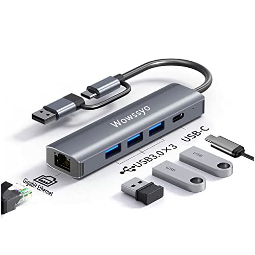 Wowssyo Hub USB C 5 in 1, Aluminium USB C Adapter für MacBook Pro/Air, Gigabit Ethernet, 1 USB C Datenport, 3 x USB 3.0, USB C Docking Station für PC, Notebook, Smartphone und Tablet mit OTG Funktion von Wowssyo