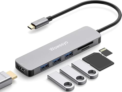 Wowssyo Hub USB C 6 in 1, Aluminium USB C Adapter für MacBook Pro/Air, 4K HDMI, SD und TF Leser, USB 3.0 / USB 2.0 Ports, für iPad Pro m1, XPS,PC Laptops, Switch von Wowssyo