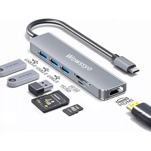 Wowssyo Hub USB C 6 in 1, Aluminium USB C Adapter für MacBook Pro/Air, 4K HDMI, SD und TF Leser, USB 3.0 / USB 2.0 Ports, für iPad Pro m1, XPS,PC Laptops, Switch von Wowssyo