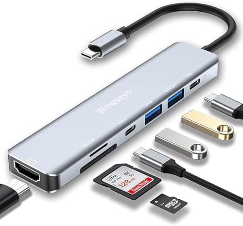 Wowssyo Hub USB C 7 in 1, Aluminium USB C Adapter für MacBook Pro/Air, 4K HDMI, SD und TF Leser, PD 87W, USB 3.0 / USB 2.0 Ports,USB C Data Port， für iPad Pro m1, XPS,PC Laptops, Switch von Wowssyo