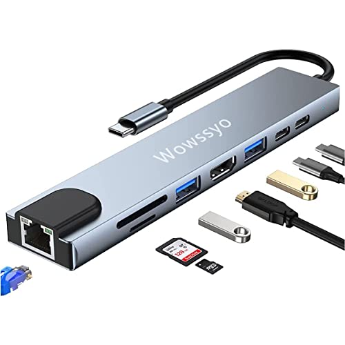 Wowssyo USB C Ethernet 8 in 1 Hub Multiport USB Hub, HDMI 4K, PD 100W, USB 3.0, SD/TF Daten, USB-C-Daten, MacBook M1 Air Pro, iPad Pro Air, Switch, Chromecast, Windows, Dell, Handy und mehr von Wowssyo