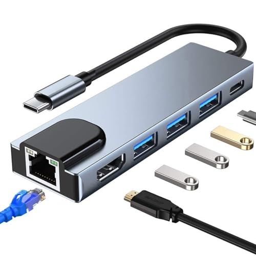 Wowssyo USB C Hub (6 in 1 - Upgraded) Adapter für MacBook Pro MacBook Air 2020/2019/2018 und Andere USB C Geräte, USB C Hub mit 4K HDMI, 1000 Mbps Ethernet RJ45 LAN, 3 USB 3.0 und USB C Port PD von Wowssyo