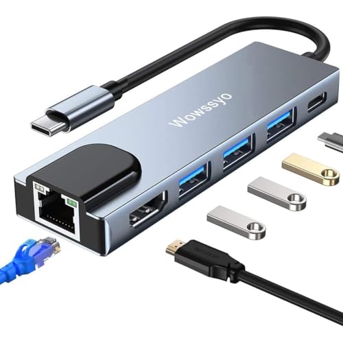 Wowssyo USB C Hub (6 in 1 - Upgraded) Adapter für MacBook Pro MacBook Air 2020/2019/2018 und Andere USB C Geräte, USB C Hub mit 4K HDTV, 1000 Mbps Ethernet RJ45 LAN, 3 USB 3.0 und USB C Port PD von Wowssyo