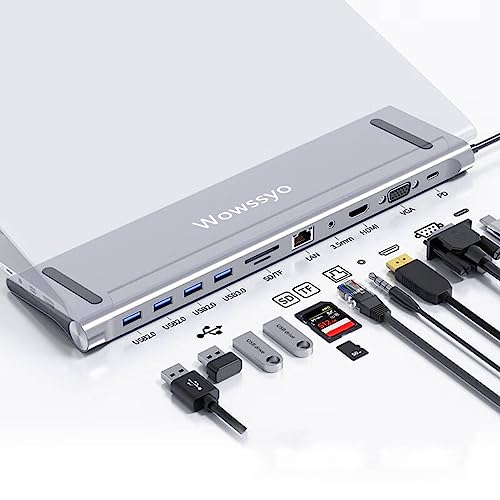 Wowssyo USB C Hub 11 in 1 USB C Adapter für MacBook Pro/Air, HDMI 4K VGA PD 100W Ethernet SD/TF Audio USB 3.0/2.0, für iPad Pro M1, XPS,Pro7/Pro X Chromebook Samsung Huawei,Laptop PC von Wowssyo