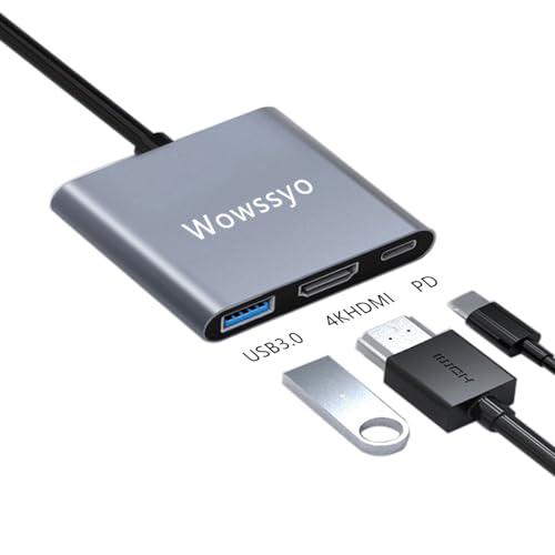 Wowssyo USB C Hub 3 in 1, Aluminium USB C Adapter für MacBook Pro/Air, 4K HDMI, PD 87W, USB 3.0 Port, für iPad Pro m1, XPS, PC Laptop, Switch von Wowssyo
