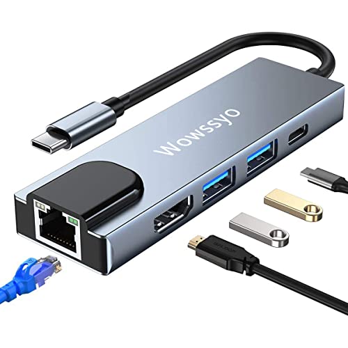 Wowssyo USB C Hub 5 in 1， USB C Multiport Adapter with HDMI 4K, LAN RJ45 Ethernet, USB 3.0, PD 100W für MacBook Pro/Air M1, iPad Pro, Chromecast, Switch, Dell, PS4, Windows, Handys usw von Wowssyo