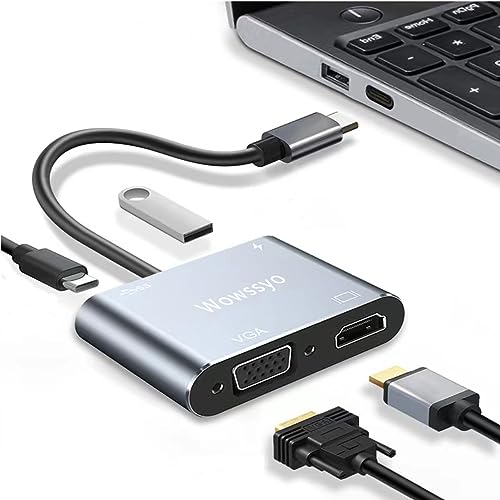 Wowssyo USB C auf VGA HDMI Adapter, 4-in-1 USB C HUB mit HDMI 4K @ 30Hz Port + VGA 1080P + USB 3.0 Port + PD 87W für MacBook air/MacBook Pro 2019/2018 und USB Typ C Geräte. von Wowssyo