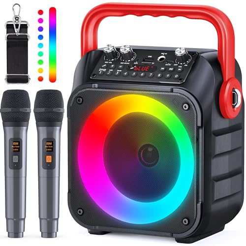 Wowstar Karaoke Maschine mit 2 Mikrofone, Tragbaren Bluetooth Lautsprecher Box für Erwachsene/Kinder mit Lichteffekte, Unterstützt TF/USB, FM, Rec, AUX in, TWS für Party, Geburtstag von Wowstar