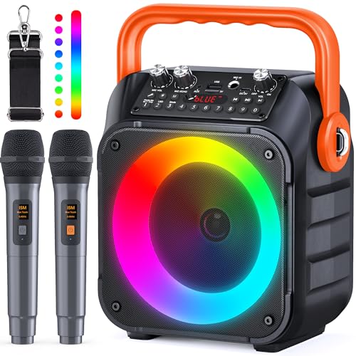 Wowstar Tragbare Karaoke Maschine mit 2 kabellose Mikrofone, Bluetooth Lautsprecher Box für Erwachsene/Kinder mit Lichteffekte, Unterstützt TF/USB, FM, REC, AUX in, TWS für Party, Geburtstag (Orange) von Wowstar