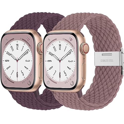 2ST Geflochtens Solo Loop band für Apple Watch Armband 41mm 40mm 45mm 44mm 49mm 42mm 38mm,Dehnbarer Nylon Strap Armbänder für die iWatch series 8 7 6 5 4 3 se Ultra Herren/Damen-Nude/Kirsche von Wowstrap