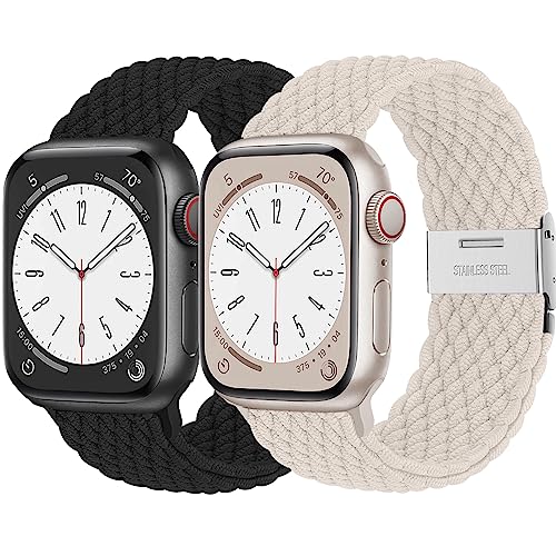 2ST Geflochtens Solo Loop band für Apple Watch Armband 45mm 44mm 41mm 40mm 49mm 42mm 38mm,Dehnbarer Nylon Strap Armbänder für die iWatch series 8 7 6 5 4 3 se Ultra Herren/Damen Schwarz/Polarstern von Wowstrap