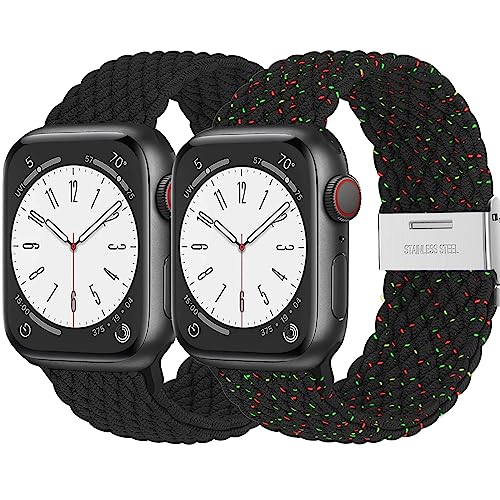 2ST Geflochtens band Kompatibel mit Apple Watch Armband 45mm 44mm 49mm 42mm ,Dehnbarer Nylon Strap Armbänder für die iWatch series 9 8 7 6 5 4 3 se Ultra Herren/Damen Schwarz/Einheit von Wowstrap