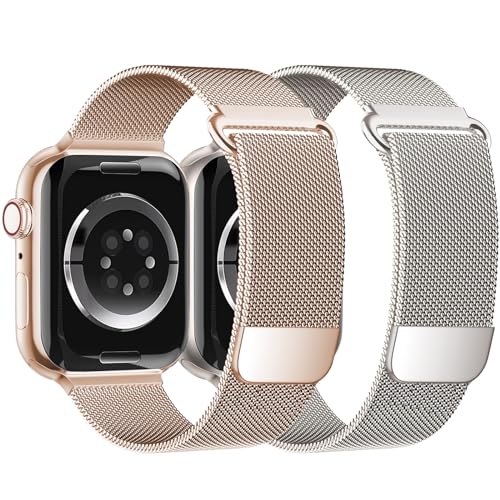 Magnet für Apple Watch Armband 40mm 41mm 44mm 45mm Ultra 49mm iWatch Armbänder 38mm 42mm Herren/Damen,Metall Edelstahl Milanaise Band für Apfelband Series 9 8 7 6 5 4 3 2 Se，Polarstern/Roségold von Wowstrap