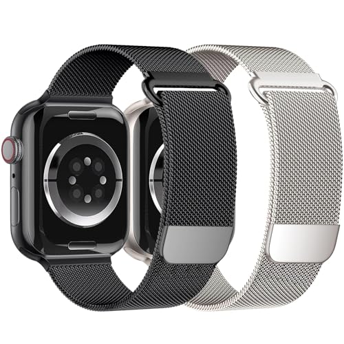 Magnet für Apple Watch Armband 45mm 44mm Ultra 49mm 41mm 40mm iWatch Armbänder 46mm 42mm 38mm Herren/Damen,Metall Edelstahl Milanaise Band für Apfelband Series 10 9 8 7 6 5 4 3 2 Se,Schwarz/Polarstern von Wowstrap