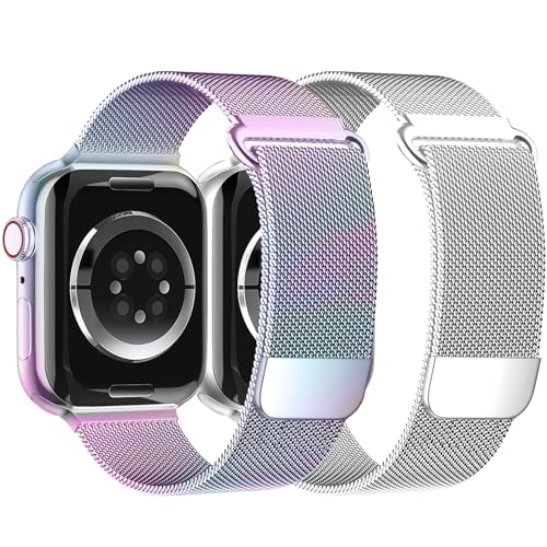 Magnet für Apple Watch Armband 45mm 44mm Ultra 49mm 41mm 40mm iWatch Armbänder 42mm 38mm Herren/Damen,Metall Edelstahl Milanaise Band für Apfelband Series 9 8 7 6 5 4 3 2 Se,Silber/Multicolor von Wowstrap