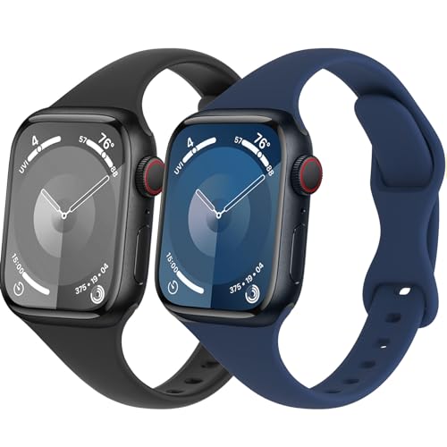 Schlank Sportarmband für Apple Watch Armband 40mm 41mm 44mm 45mm Ultra/2 49mm iWatch Armbänder 38mm 42mm Herren/Damen,Dünn Silikon Band für Apfelband Series 9 8 7 6 5 4 3 2 Se,Schwarz/Mitternachts von Wowstrap