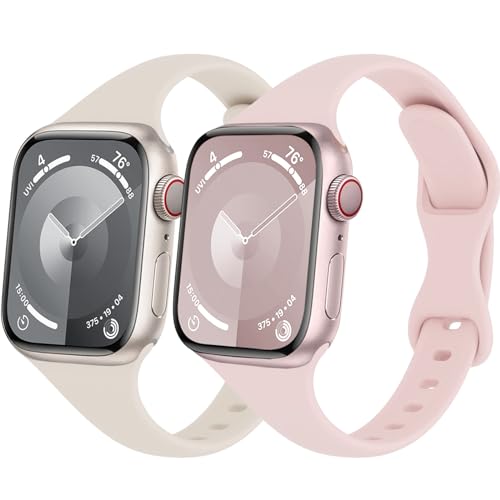 Schlank Sportarmband für Apple Watch Armband 40mm 41mm 44mm 45mm Ultra/2 49mm iWatch Armbänder 38mm 42mm Herren/Damen,Dünn Weich Silikon Band für Apfelband Series 9 8 7 6 5 4 3 2 Se,Polarstern/Rosa von Wowstrap