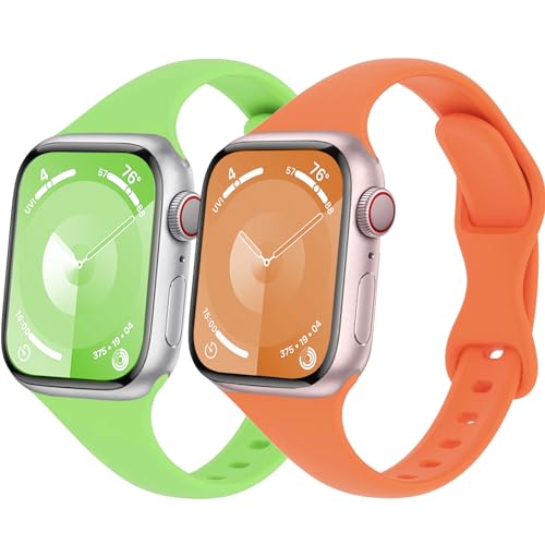 Schlank Sportarmband für Apple Watch Armband 40mm 41mm 44mm 45mm Ultra/2 49mm iWatch Armbänder 38mm 42mm Herren/Damen,Dünn Weich Silikon Band für Apfelband Series 9 8 7 6 5 4 3 2 Se,Orange/Grün von Wowstrap