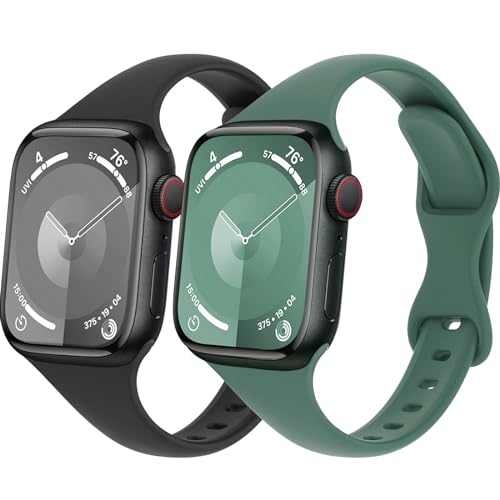 Schlank Sportarmband für Apple Watch Armband 44mm 45mm Ultra/2 49mm 40mm 41mm iWatch Armbänder 38mm 42mm Herren/Damen,Dünn Silikon Band für Apfelband Series 9 8 7 6 5 4 3 Se,Schwarz/Kieferngrün von Wowstrap