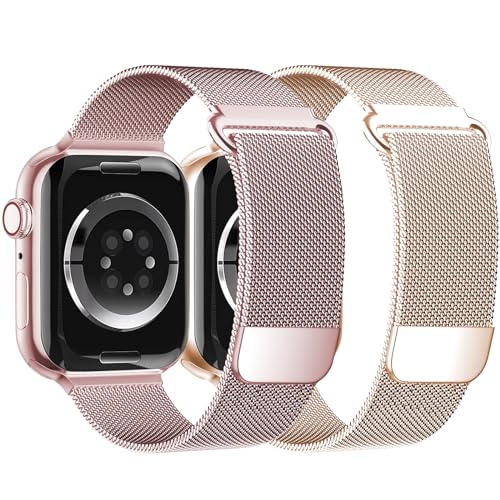 Wowstrap Magnet für Apple Watch Armband 40mm 41mm 44mm 45mm Ultra 49mm iWatch Armbänder 38mm 42mm Herren/Damen,Metall Edelstahl Milanaise Band für Apfelband Series 9 8 7 6 5 4 3 2 Se，Gold/Roségold von Wowstrap