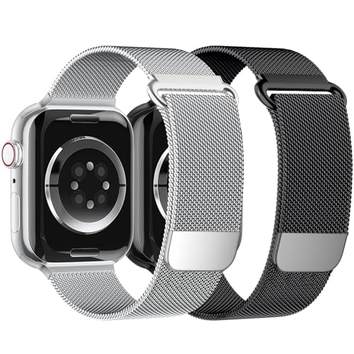 Magnet für Apple Watch Armband 45mm 44mm Ultra 49mm 41mm 40mm iWatch Armbänder 46mm 42mm 38mm Herren/Damen,Metall Edelstahl Milanaise Band für Apfelband Series 10 9 8 7 6 5 4 3 2 Se 2nd,Schwarz/Silber von Wowstrap